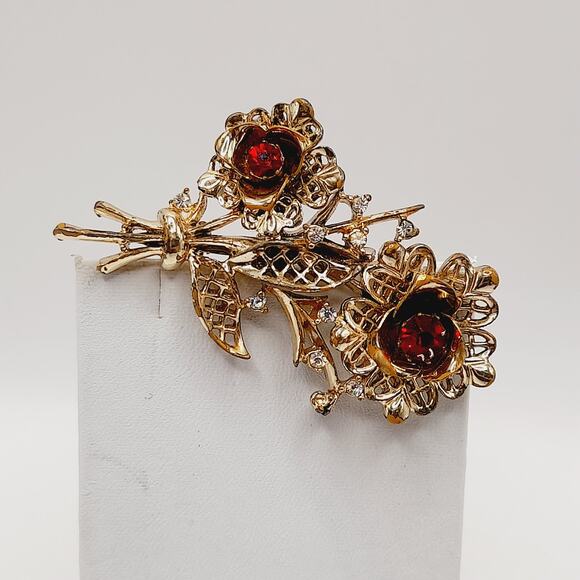 Vintage Floral Bouquet Brooch, Red Clear Rhinestones, Gold Tone, 2 3/4 Inches - Picture 5 of 7